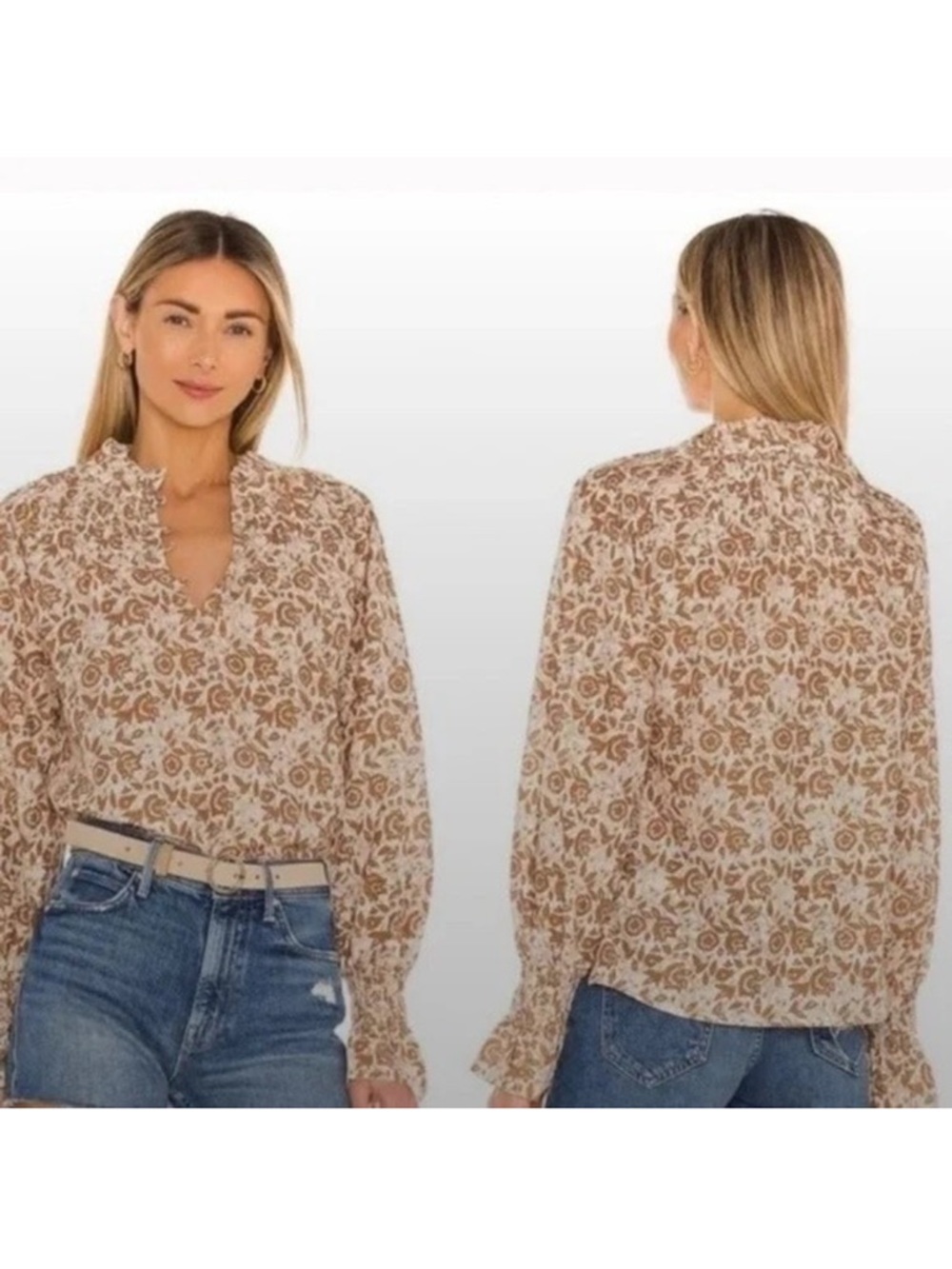 Cleobella top Reza Pintucked in Tamil Block long sleeve blouse neutral floral M